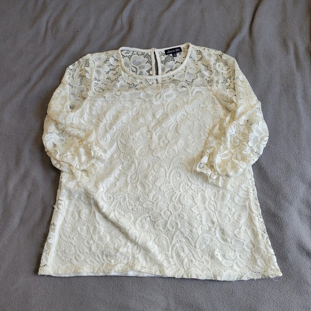 OLIVIA BLU Floral Lace Blouse Womens Large Cream 3/4 Sleeve Scrunched Lining - Picture 3 of 13